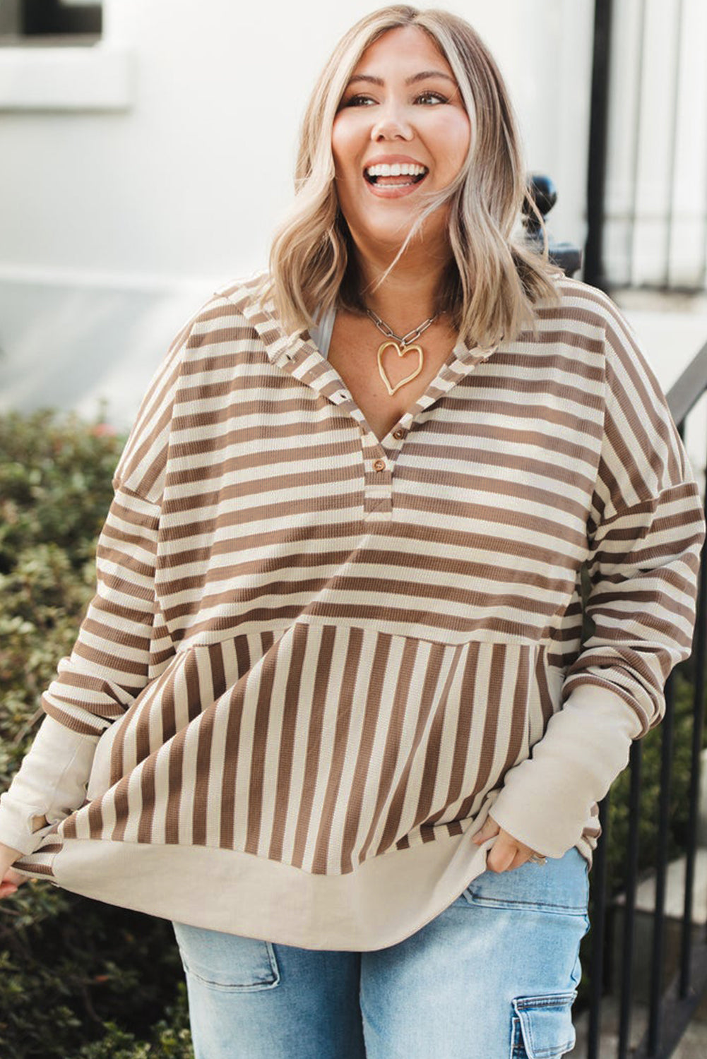 Brown Stripe Drop Sleeve Plus Size Henley Hoodie Plus Size Tops 1937cb733beb5f56