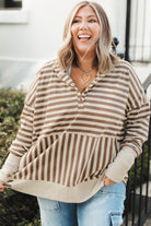 Brown Stripe Drop Sleeve Plus Size Henley Hoodie Plus Size Tops 1937cb733beb5f56