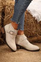White Faux Leather Studded Pointed Toe Block Heel Ankle Boots Boots 194858fa8e1fe2d6