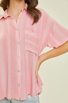 BeautybyShree Light Airy Stripe Gauze Button Down Shirt in Pink