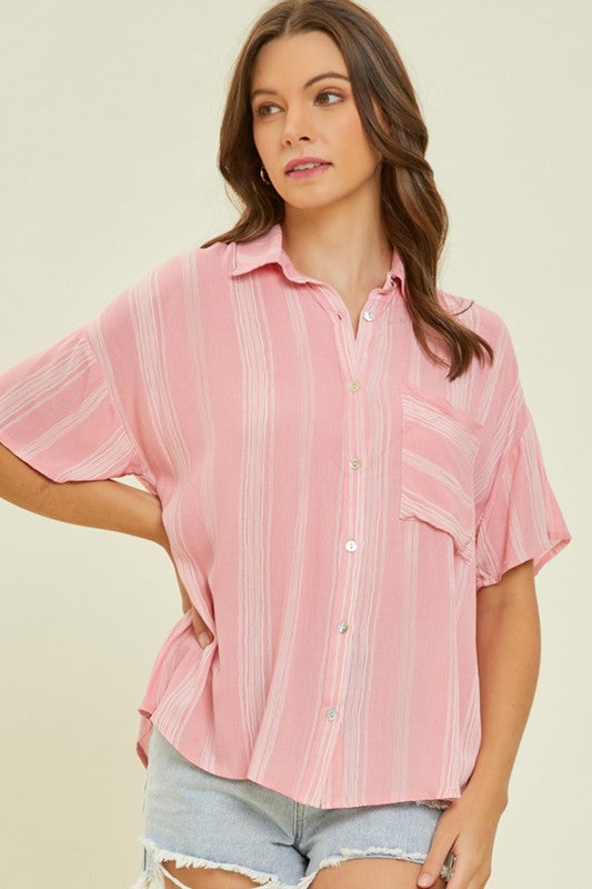 BeautybyShree Light Airy Stripe Gauze Button Down Shirt in Pink