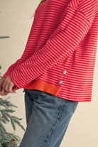 Tomato Red Two Tone Striped Side Buttons Drop Shoulder Top Long Sleeve Tops 19a0ca9086a40e66