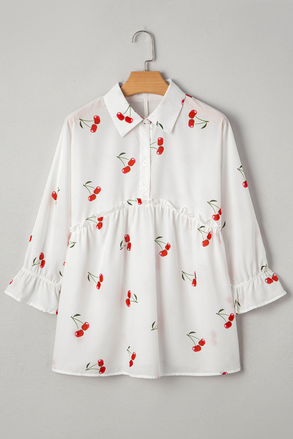 White Cherry Print Flounce Sleeve Collared Frilled Babydoll Blouse Blouses 19a2df0b772b1bc9