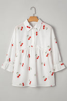 White Cherry Print Flounce Sleeve Collared Frilled Babydoll Blouse Blouses 19a2df0b772b1bc9