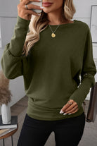 Green Solid Color Round Neck Dolman Sleeve Top Long Sleeve Tops 19a3356dbb4b594b
