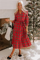 Red Christmas Plaid V Neck Tie Waist Ruffle Hem Long Dress Midi Dresses 19b57121c7958c39