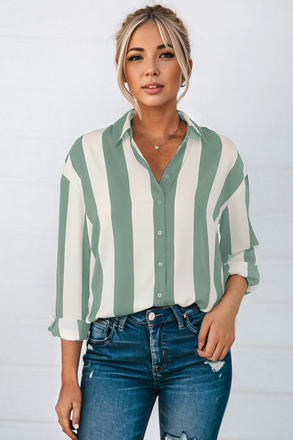 Green Striped Soft Relaxed Button Up Shirt Blouses 19bdc8c5196ee331