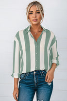 Green Striped Soft Relaxed Button Up Shirt Blouses 19bdc8c5196ee331
