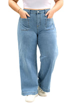 Dusk Blue Patched Pocket Textured Wide Leg Plus Size Jeans Plus Size Bottoms 19fab2dbe06fde0d