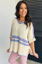 White Striped V Neck Dolman Sleeve Knit Sweater Sweaters 1a060e33c1f12d84