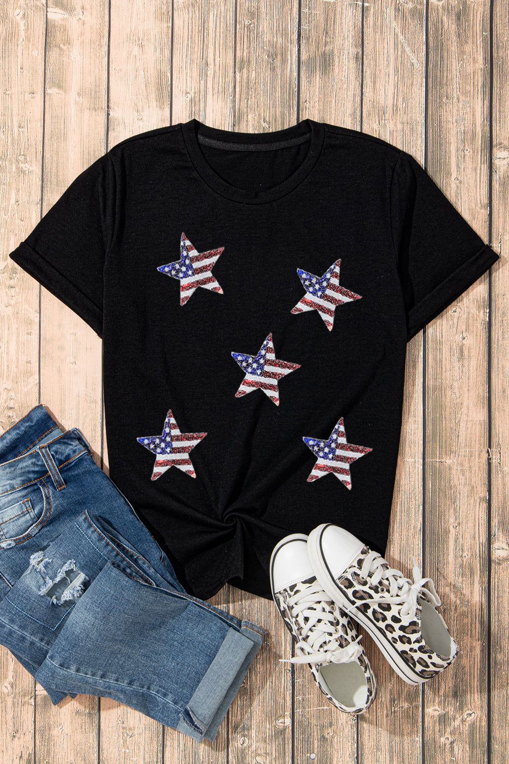 Black Sequined American Flag Star Graphic T Shirt Graphic Tees 1a16ce84dd11cc2c