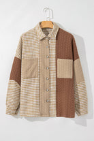 Khaki Houndstooth Textured Patchwork Loose Shacket Jackets 1a2dd9c9dd2d430f