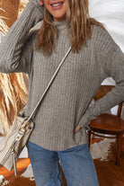 Gray Morn Ribbed High Neck Knitted Pullover Top Long Sleeve Tops 1a432b4407932580