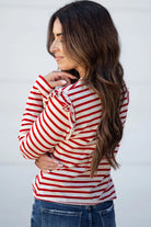 Red Striped Ruffle Shoulder Long Sleeve Top Long Sleeve Tops 1a4b67974fb72a96