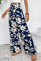 Blue Floral Smocked Frill Waist Wide Leg Pants Pants 1a5472055e050449