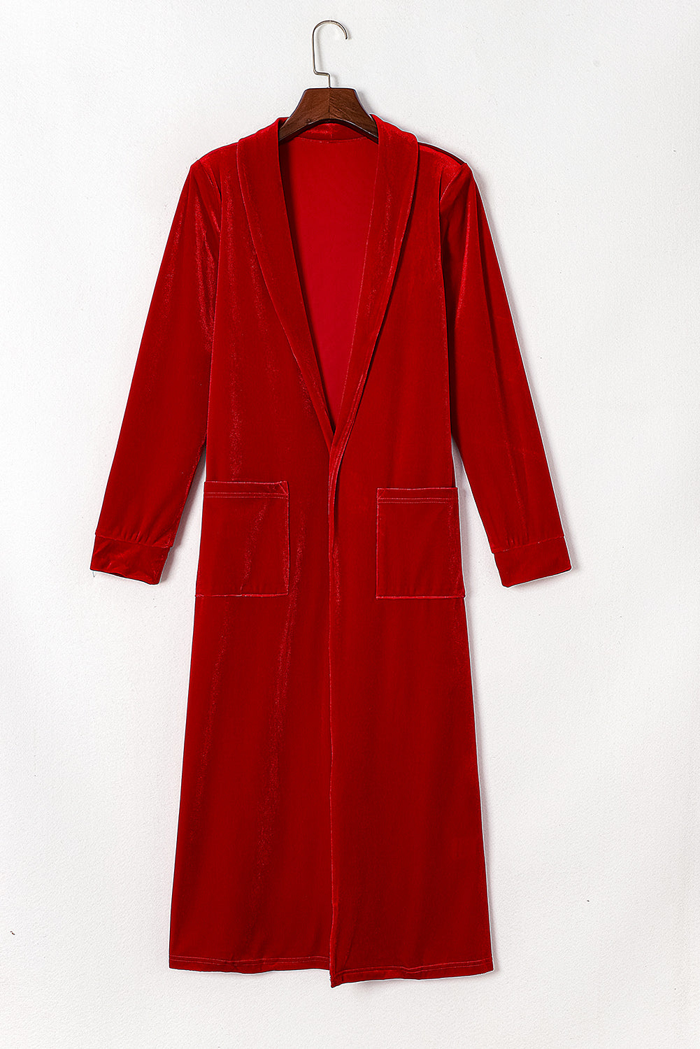 Red Velvet Elegant Open Front Pocket Long Cardigan Cardigans 1a67289d1b74474c