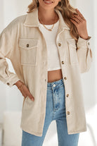 Oatmeal Corduroy Flap Pocket Button Up Shacket Jackets 1a6addb67f6df430