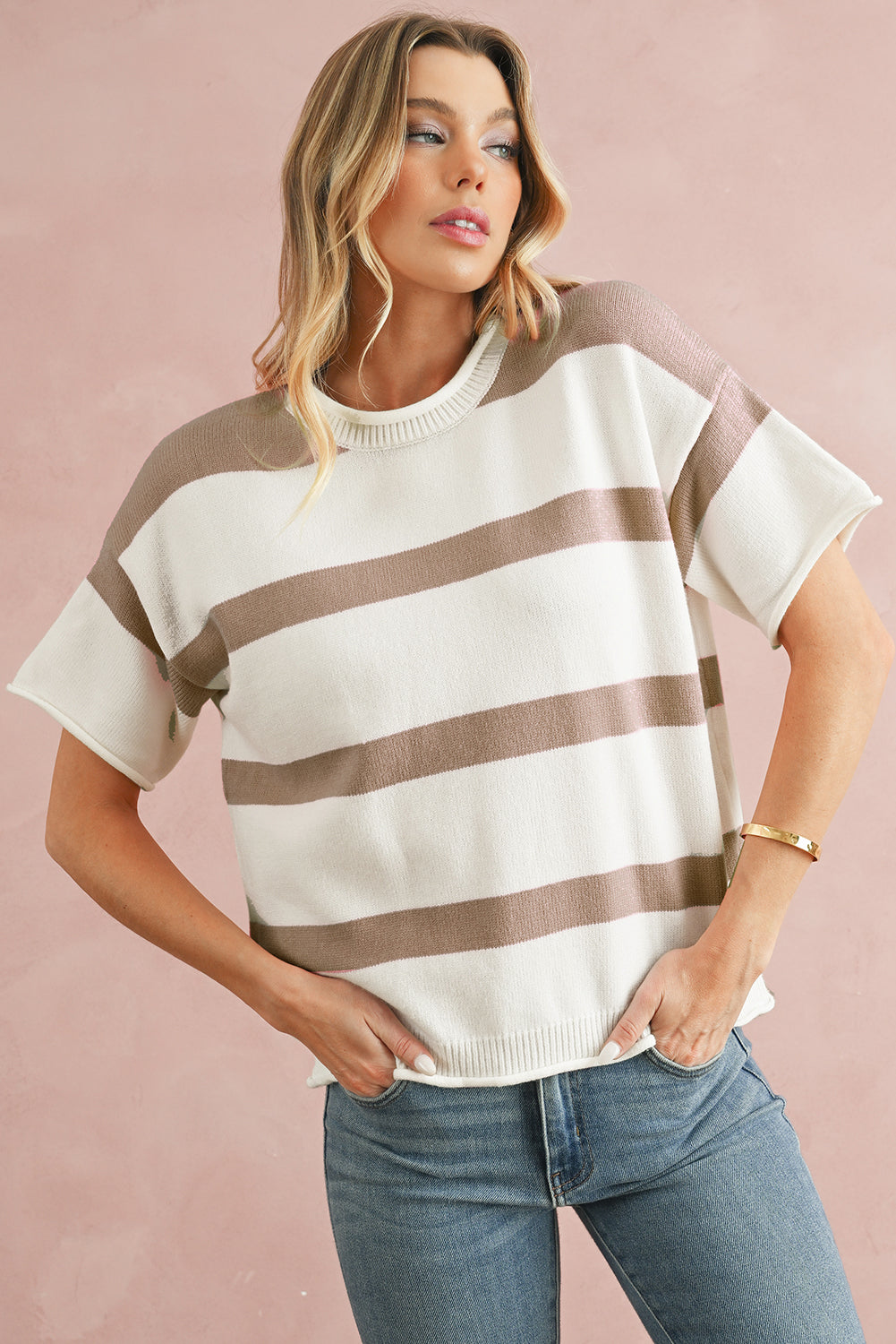 Khaki Striped Drop Shoulder Knitted Top Knit Tops 1a6e4ccefcddde87