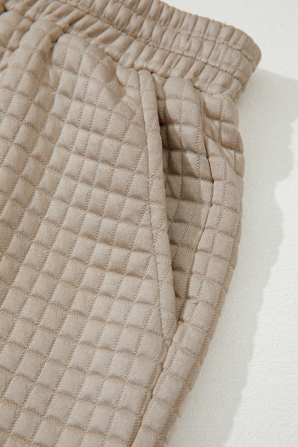 Khaki Color Block Patchwork Textured Long Sleeve Top and Shorts Set Two Piece Shorts Sets 1a8ae38efe9644b2