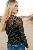 Black Western Aztec Printed Long Sleeve Mesh Top Long Sleeve Tops 1aa2b69fcbe27aca