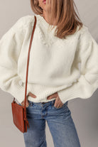 White Flower Detail Round Neck Contrast Textured Puff Sleeve Sweater Sweaters 1aac77b3fd0a0051