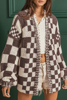 Orchid Petal Colorblock Checked Open Front Knitted Cardigan Cardigans 1adef128bdb29050