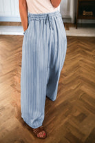 Sky Blue Stripe Chambray Wide Leg Tied Elastic Waist Trousers Pants 1b35b34a5c185cab