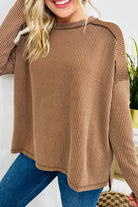 Green Bay Twisted Rib Exposed Seam Detail Long Sleeve Loose Top Long Sleeve Tops 1b572b86e4fd5fa1