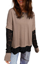 Light French Beige Sheer Lace Patchwork Casual Long Sleeve Tee Long Sleeve Tops 1b64691fa10a514a