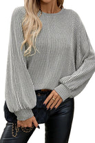 Gray Ribbed Knit Round Neck Long Lantern Sleeve Top Long Sleeve Tops 1b6935b60174c181