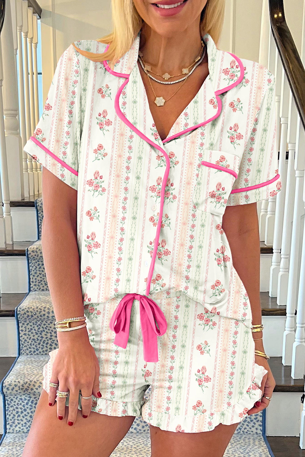 Beige Bow and Cherry Print Ruffle Hem Shorts Pajama Set Two Piece Shorts Sets 1b7cc0dd30928e7a