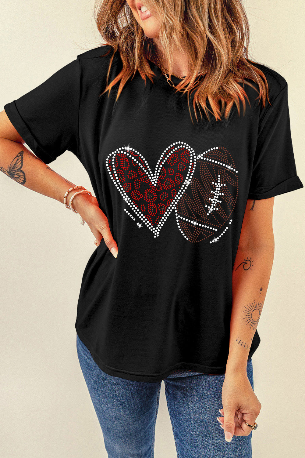 Black Rhinestone Rugby Heart Shape Graphic Crewneck T Shirt Graphic Tees 1b7eff9d64438f5b