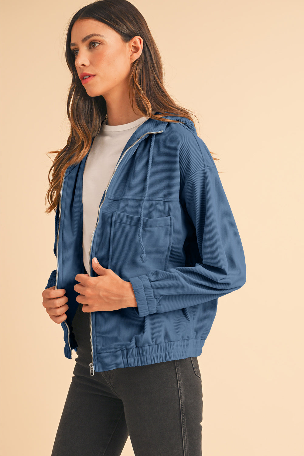 Real Teal Corduroy Drawstring Hooded Pocket Zip Up Jacket Jackets 1be3bf84900d2c11