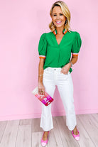 Bright Green Puff Sleeve Pop of Color Neckline Blouse Blouses 1be8ecf994a0e57b