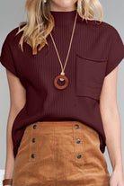 Oatmeal Patch Pocket Ribbed Knit Short Sleeve Sweater Knit Tops 1bebbf1b9fb4fe2d