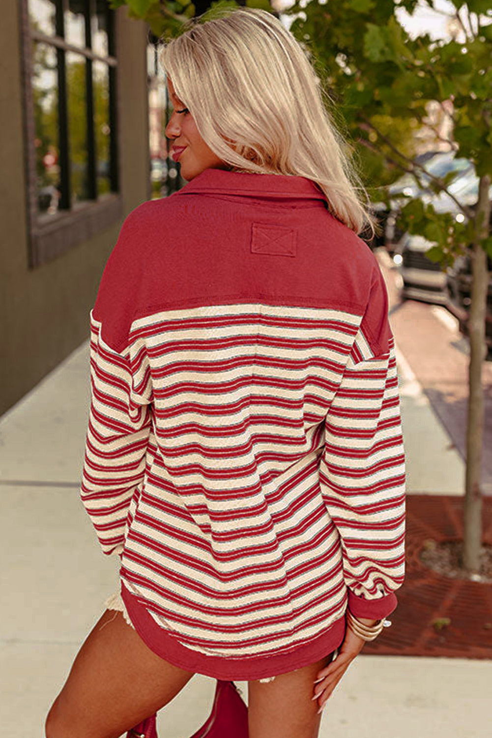 Red Stripe Collared V Neck Drop Shoulder Top Long Sleeve Tops 1c06b14e6fab2294