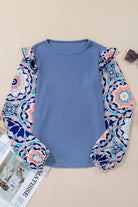Ashleigh Blue Ruffle Floral Sleeve Patchwork Waffle Top Long Sleeve Tops 1c1ec2e46397a4a3