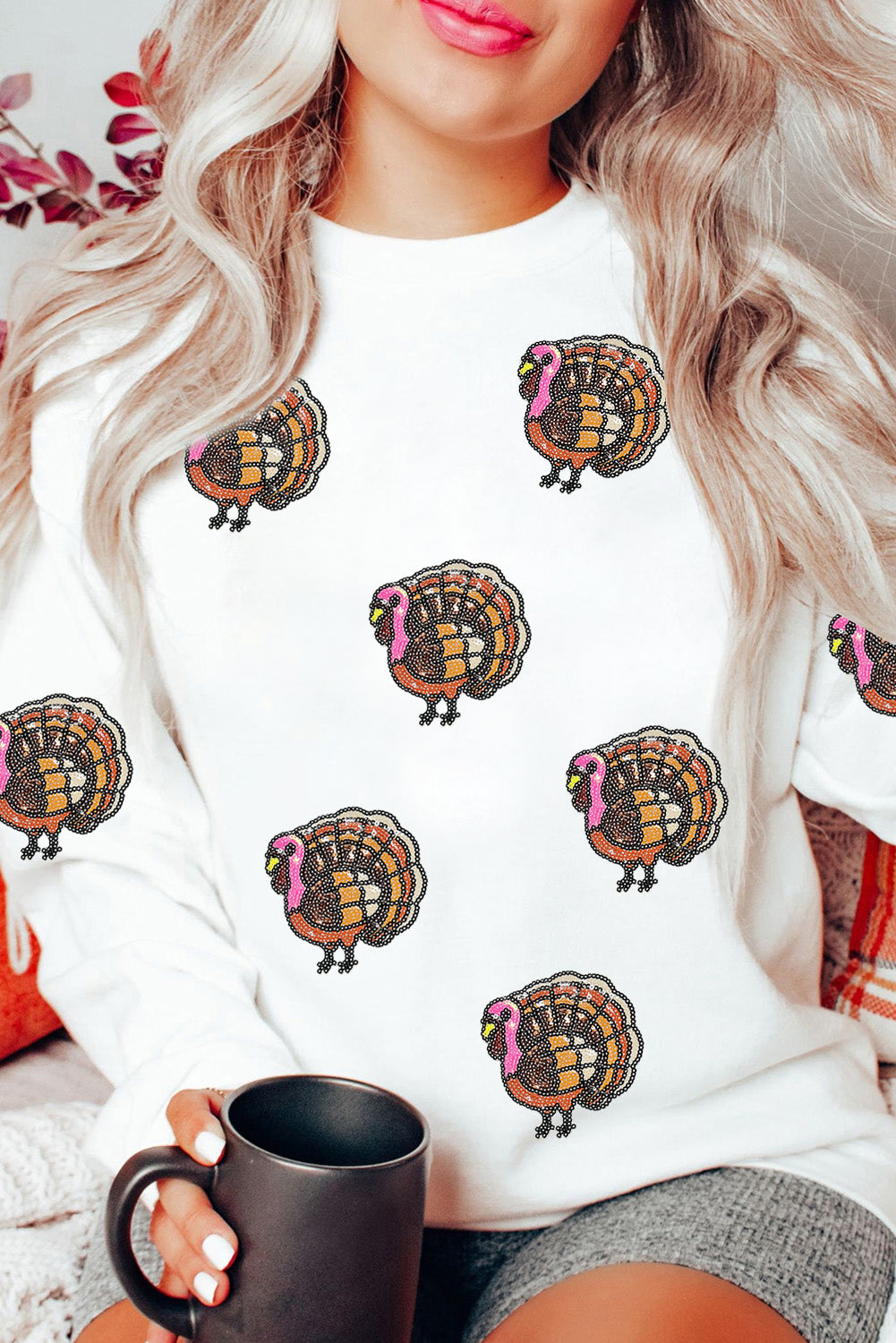 White Thanksgiving Turkey Sequins Patch Pullover Sweatshirt Graphic Sweatshirts 1c533ffcd8690007