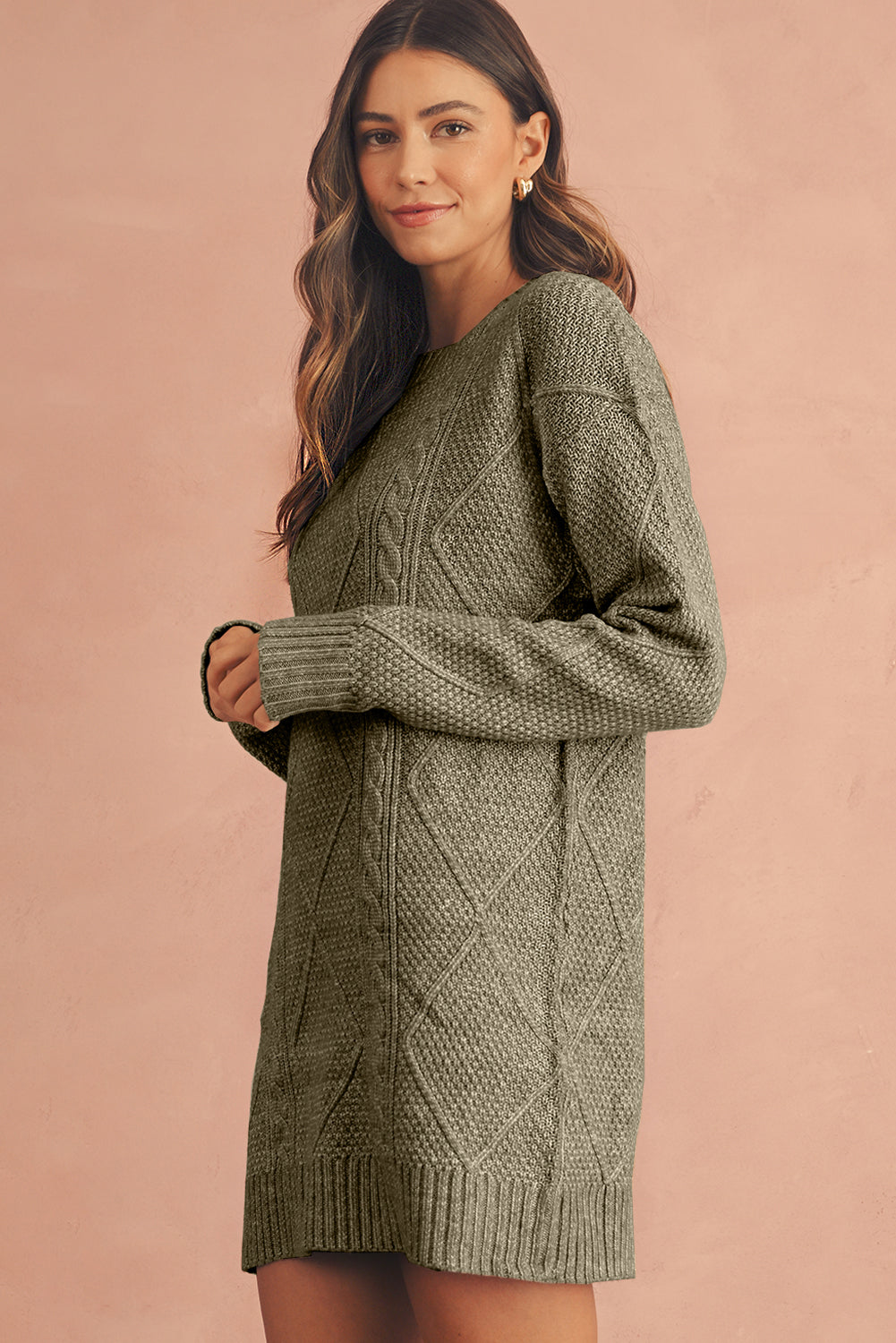 Mist Green Twist Cable Knit Drop Shoulder Loose Fit Sweater Dress Sweater Dresses 1c8f1be979c3aba8