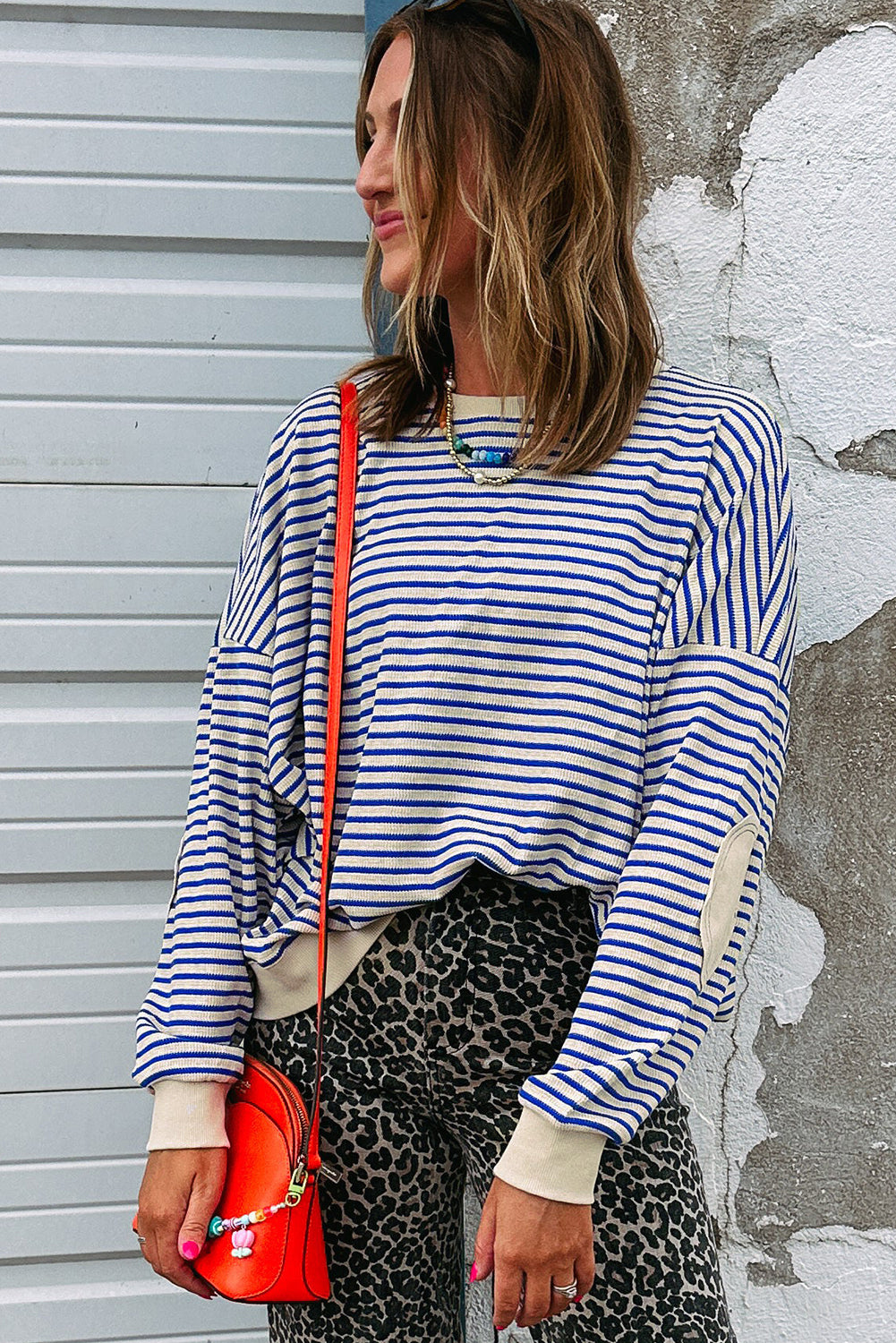 Blue Stripe Textured Elbow Patched Crew Neck Drop Shoulder Sweatshirt Sweatshirts & Hoodies 1c9fed2735e6b246