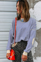 Blue Stripe Textured Elbow Patched Crew Neck Drop Shoulder Sweatshirt Sweatshirts & Hoodies 1c9fed2735e6b246