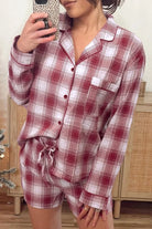 Red Retro Plaid Long Sleeve Shirt Drawstring Shorts 2pcs Lounge Set Loungewear Set 1ca99cb495c8b234