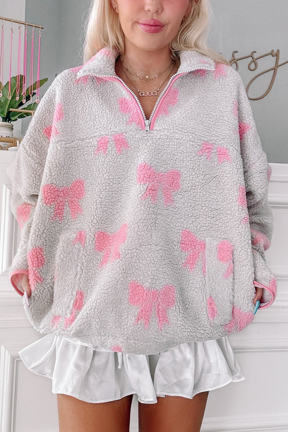 Gray Quarter Zip Bow Pattern Sherpa Baggy Sweatshirt Sweatshirts & Hoodies 1cc78c9c1f332c96