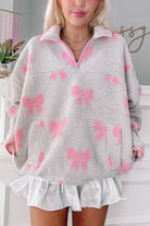 Gray Quarter Zip Bow Pattern Sherpa Baggy Sweatshirt Sweatshirts & Hoodies 1cc78c9c1f332c96