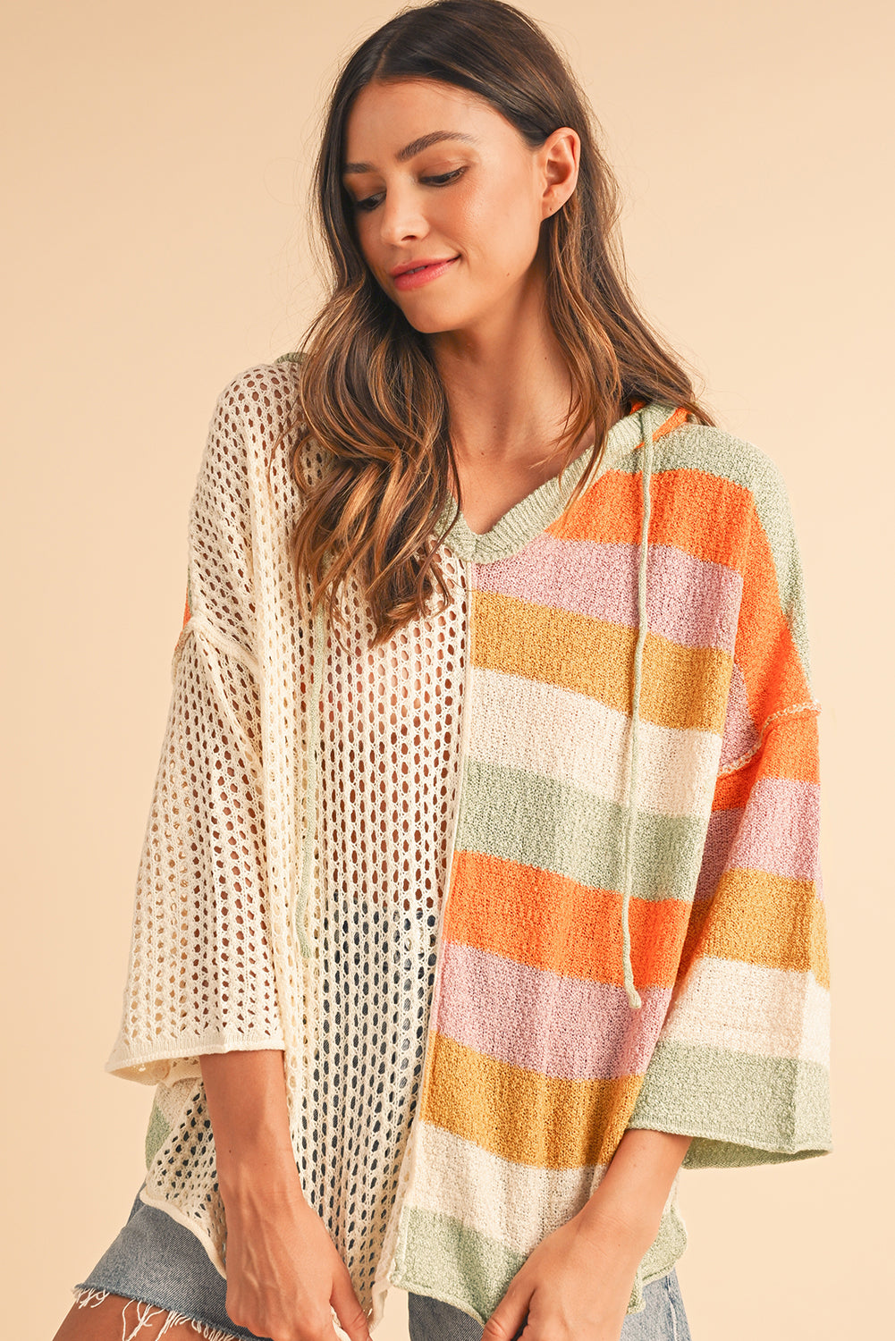 Beige Oversized Colorblock V Neck Hooded Sweater Sweaters 1cc8b74a8560afa7