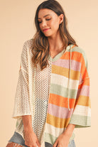 Beige Oversized Colorblock V Neck Hooded Sweater Sweaters 1cc8b74a8560afa7