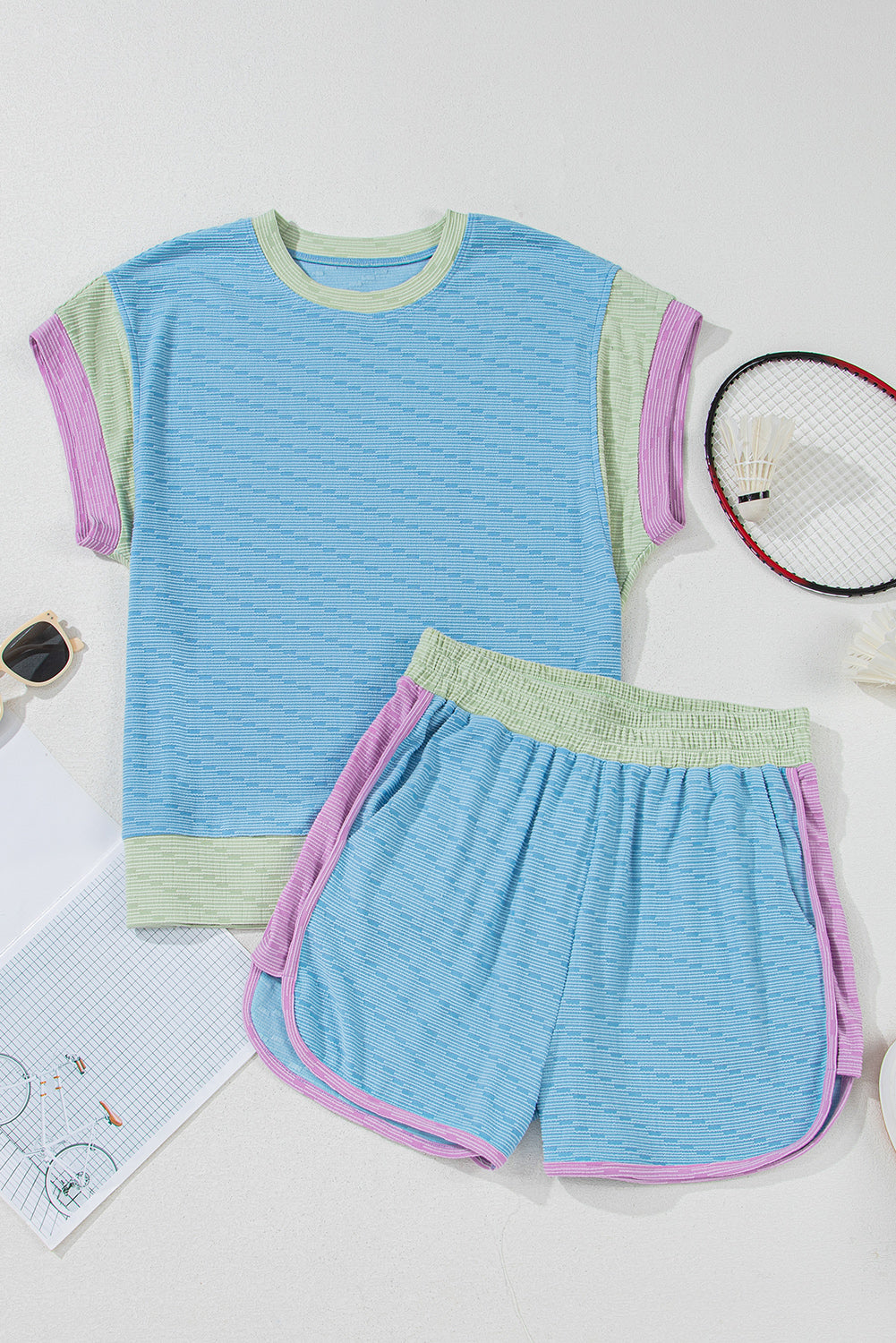Beau Blue Colorblock Cap Sleeve Top and Shorts Set Two Piece Shorts Sets 1cf93cf9ae13e4e3
