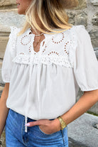 White Embroidered Lace Patchwork Tie Neck Half Sleeve Blouse Blouses 1d006055f374641d