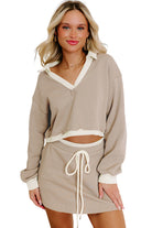 Parchment Raw Edge Detail Patchwork Cropped Pullover Drawstring Skirt Set Two Piece Skirt Sets 1d110b43b882901a