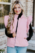 Pink Stand Neck Flutter Sleeve Snap Button Puffer Vest Coats 1d1aa5928113c782
